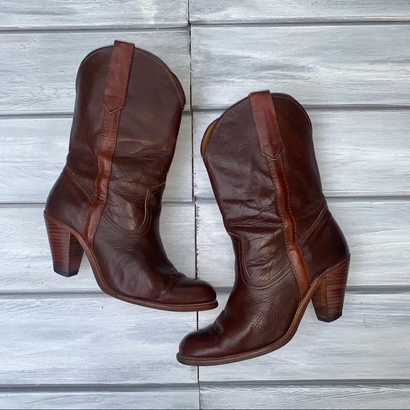 Frye Brown Leather Western Mid Calf Boots - Picture 2 of 12